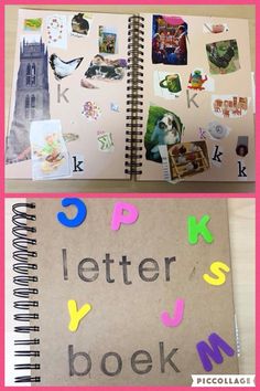 two notebooks with letters and pictures on them