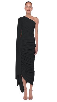 DIANA GOWN W/ SLEEVE – Black – Norma Kamali Fitted Asymmetrical Pre-draped Maxi Dress, Fitted Asymmetrical Pre-draped Dress, Draped Maxi Dress With Draped Sleeves, Fitted Asymmetrical Dress With Draped Sleeves, Asymmetrical Maxi Dress With Draped Sleeves, Asymmetrical Dress With Draped Sleeves And Fitted Neckline, Fitted Draped Maxi Dress, Pre-draped Ruched Fitted Asymmetrical Dress, One-sleeve Evening Maxi Dress