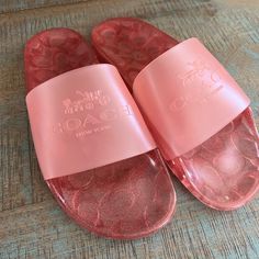 Pink Sparkly Coach Slide Sandals Brand New Without Tags! Size 9 Summer Slip-on Slides With Translucent Outsole, Coach Open Toe Sandals For Spring, Coach Sandals For Spring Vacation, Adjustable Pink Slides With Textured Footbed, Coach Sandals For Beach In Spring, Coach Casual Slip-on Sandals, Coach Sandals For Vacation With Round Toe, Coach Open Toe Sandals For Vacation, Coach Sandals For Vacation