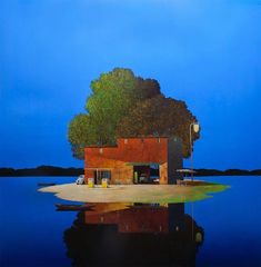 an oil painting of a red building on the water's edge with trees in the background