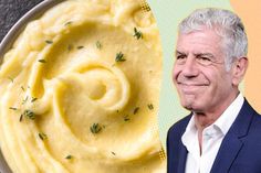 an older man is smiling next to mashed potatoes