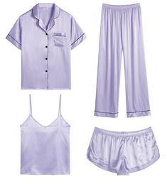 PRICES MAY VARY. 【Premium Material】--- This 4 piece pajama set is made of high-quality satin(95% Polyester, 5% Spandex), which is very soft, lightweight, and comfortable. This lightweight pajama set has a silky texture that will make you feel smooth and shiny, never pilling or fading, and help you sleep well, dreamlike. 【4Pcs Pajama Set】--- Women 4 pcs pjs sets include spaghetti strap cami top, a button-down short sleeve sleepshirt, a pair of shorts, a pair of long pants. This four-piece sets fo Nursing Pajama Set, Bridal Sleepwear, Satin Pjs, Satin Pyjama, Silk Nightwear, Satin Sleepwear, Pyjama Sets, Comfortable Pajamas, Pajamas Sets