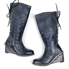 Bedstu Empress Tall Wedge Heel Boots. Excellent Preowned Condition. Size 6.5. Woman Bedding, Wedge Heel Boots, Leather Bench, Heel Boot, Bed Stu, Heel Boots, Lace Back, Lace Boots, Shoes Heels Boots