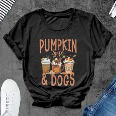 Pumpkin Spice Dog Sweatshirt, Fall Shirt, Autumn Dog T-Shirt, Fall Shirt Discover Our Latest Range Of Versatile And Stylish T-Shirts (Gildan 5000), Where Style Harmonizes With Unparalleled Comfort! Featuring Sizes From S To 3xl And A Vibrant Spectrum Of Colors Such As Black, White, Sand, Green, Sport Grey, Red, Navy, And More, There's A Choice To Cater To Every Taste. Crafted With Precision Using Top-Notch Materials, Our T-Shirts Offer A Luxurious Sensation And An Impeccable Fit That Endures Thr Fall Short Sleeve T-shirt With Logo Print, Fall Logo Print Short Sleeve T-shirt, Dog Print Crew Neck Graphic Tee, Black Crew Neck T-shirt With Dog Print, Black Graphic Tee With Dog Print, Black Cotton Dog Print Top, Black Cotton Top With Dog Print, Cotton T-shirt With Dog Print For Fall, Trendy Crew Neck T-shirt With Dog Print