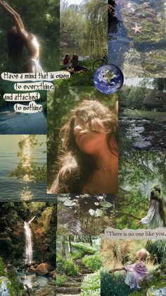 a collage of photos with words and pictures on them, including water lilies