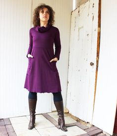 One of my new favorite designs this dress is a must have for fall and winter (or summer in Michigan). Made from a buttery soft soy and organic cotton french terry, this fabric is thick and warm like your favorite sweatshirt and feels so great on. Nice deep side cargo pockets will hold all your essentials and keep your hands toasty and warm. Looks great on its own, over leggings and boots, and the cowl neckline adds a nice touch under winter coats. Pictured in Grape (Sold out). COLORS: Dark Choco Relaxed Fit Cotton Dress For Winter, Modest Cotton Dresses For Fall, Stretch Cotton Dresses For Fall, Fitted Dresses For Everyday Fall Wear, Fitted Everyday Dress For Fall, Everyday Fitted Dresses For Fall, Everyday Fitted Fall Dresses, Organic Fabric, Dress Images