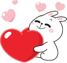 a white rabbit holding a red heart with hearts flying around it on a white background