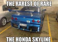 two cars parked in a parking lot with the words, the rarest of rare the honda skyline