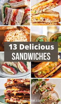 different sandwiches are shown with the words 13 delicious sandwiches on it and below them is a collage of pictures