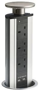 an electronic device with multiple outlets on the front and back sides, sitting in a holder