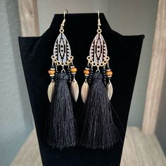 Cute And Classy, Handmade Which Makes For An Original Set 4 1/2” Long. Keywords Gift Unique Mother Wife Birthday Party Professional Boho Tassel Black Bohemian Dangle Jewelry, Bohemian Black Dangle Jewelry, Black Dangle Jewelry With Tassels, Black Dangle Tassel Jewelry, Black Bohemian Earrings With Ear Wire, Black Dangle Jewelry For Festivals, Black Dangle Jewelry For Festival, Black Jewelry With Latkans For Festivals, Black Tassel Jewelry For Party