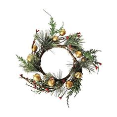 a christmas wreath with pine branches and ornaments