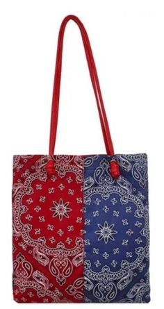 Red and Blue Bandana Bag, Canvas Bandana Bag, Zippered Inside pocket, Leather Strap Shoulder Bag, Snap Closure Bag This fashionable Canvas Banana bag holds everything you would need for a great day out. On Trend!! Closed Pocket inside for personal necessities Tote Size: 13 1/2Inches Width, 13 Inches Height Material: Tote: Canvas Red Leather Strap Silver Snap Bandana Bag, Spring Tote, Banana Bag, Blue Bandana, Bag Canvas, Size 13, Inside Pocket, Snap Closure, Purses And Handbags