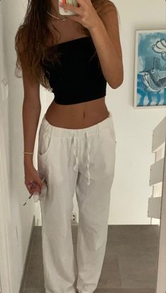 EVELIFE Women Casual Pants Cotton Linen Trousers Loose Solid Color Beach Pants Elastic High Waist Wide Leg Pants with Pockets Tube Top Outfits, Outfit Inspo Summer, Looks Chic, Cute Everyday Outfits, Mode Inspo, Cute Simple Outfits, Summer Fashion Outfits, Fit Inspo