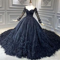 Luxury Ball Black Long Sleeves Feathers Custom Made Wedding Dress Luxury Wedding Dresses BlissGown Wedding Dress Feathers, Luxury Ball Gowns, Wedding Dress Gothic, Dress Feathers, Beaded Ball Gown, Wedding Dress Beaded, Black Wedding Dress Gothic, Lace Bridal Dress, Column Wedding Dress