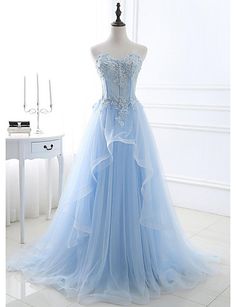 Sleeveless Tulle Strapless Dress For Prom, Light Blue Strapless Evening Dress, Light Blue Sleeveless Evening Dress For Banquet, Light Blue Sleeveless Prom Evening Dress, Sleeveless Light Blue Prom Evening Dress, Light Blue Sleeveless Evening Dress For Prom, Blue Sleeveless Corset Dress For Wedding, Light Blue Sleeveless Tulle Evening Dress, Light Blue Sleeveless Dress For Prom