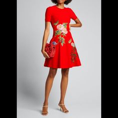 Oscar De La Renta Day Dress With Floral Embroidery Details. Crew Neckline. Short Sleeves. A-Line Silhouette. Hem Hits Above The Knee. Viscose/Polyester/Lyocell. Made In Italy. Oscar De La Renta’s Playful Jacquard Dress Features A Flattering Fit-&-Flare Size & Fit Fit-&-Flare Silhouette About 38” From Shoulder To Hem Model Measurements: 5'10” Tall Model Is Wearing A Us Size 4 Red Floral Embroidered A-line Dress, Designer Fitted Dress With Floral Embroidery, Designer Fitted Embroidered Dresses, Designer Fitted Red Dress, Designer Red Fitted Dress, Designer Red Summer Dresses, Designer Red Dresses For Summer, Fitted Red Embroidered Floral Print Dress, Fitted Red Embroidered Dress With Floral Print