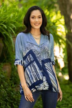 You'll love the attention to detail on this pretty women's blouse by Akkharaphon in Thailand. Crafted from cool woven cotton, the hand-painted batik top features a wide wing collar, elbow-length sleeves and pintucked cuffs. Batik Top, Cotton Caftan, Batik Art, Wing Collar, Blouse Batik, Caftan Dress, Cotton Blouse, On Holiday, Elbow Length Sleeve