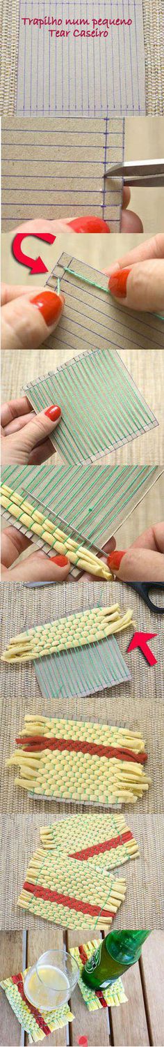 the process is being made by cutting strips of fabric into small pieces and weaving them with scissors