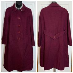 "For the cozy winter weather, I am offering this beautiful 100% wool long coat that comes to you in a deep red, burgundy color.  It is fully satin lined, decorative non-functional rear belt, 2 hip pockets.  It is made by Shagmoor and has the union label inside as well that identifies as 1970's.  It does look to be more vintage, but this is information that appears to be accurate when I researched it online.   The condition is wonderful, I don't really see any obvious issues.  If you need any additional photos or measurements, please let me know.  Judging by the measurements, I am calling this a Large. Bust up to 42\" Sleeves 24\" Length 41\"" Classic Burgundy Winter Outerwear, Burgundy Wool Winter Outerwear, Vintage Burgundy Outerwear For Fall, Burgundy Winter Formal Outerwear, Wool Long Coat, Long Winter Coats, Long Wool Coat, Red Burgundy, Long Winter