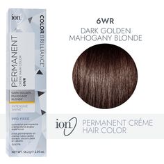 ion Color Brilliance Permanent Creme Hair Color utilizes pure ionic micro pigments for deeper, more intense color. Ion 6WR Dark Golden Mahogany Blonde Permanent Crème Hair Color | Blonde | 2.05 FL oz. | Sally Beauty Golden Copper Hair Color, Blonde Hair For Hazel Eyes, Ion Hair Colors, Brown Hair Color Chart, Ion Color Brilliance, Hair Color Caramel, Brown Hair Dye, Hair Color Chart, Hair Color Cream