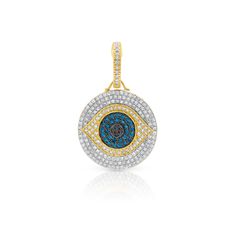 14KT Yellow Gold Blue Diamond Evil Eye Charm Pendant with Diamond Clip on Bail Healing Gemstone Medallion Jewelry, Spiritual Medallion Jewelry With Si Clarity, Symbolic Pendant With Diamond Eyes, Symbolic Round Evil Eye Jewelry, Spiritual Evil Eye Medallion Jewelry, Luxury Round Pendant Jewelry With Diamond Eyes, Luxury Healing Round Jewelry, Luxury Blue Medallion Jewelry, Round Amulet Charms Jewelry