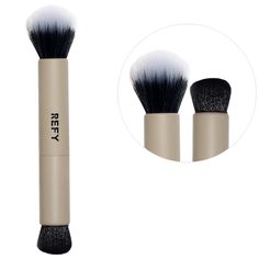 A brush made from synthetic vegan fibers, perfect for blending and picking up the small amount of product needed for building the desired color. Brush Formulation: CreamBrush Coverage: Buildable Brush Handle Length: 4.72 inBristle Type: Synthetic Ingredient Callouts: This product is cruelty-free.What Else You Need to Know: The bronzer brush is a mix of two bristles. The white stippling bristles ensure an easy, streak-free application and natural finish. The smaller buffing brush contains soft, d Refy Makeup Brush, Rare Beauty Brushes Set, Refy Duo Brush, Refy Brushes, Stippling Brush, Color Brush, Bronzer Brush, Cream Blush, Face Brush