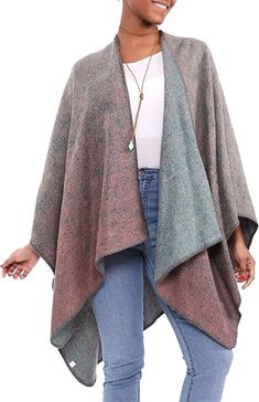 Casual Oversized Shawl For Spring, Oversized Casual Shawl For Spring, Trendy Oversized Acrylic Outerwear, Oversized Winter Cape For Cold Weather, Cozy One Size Shawl For Fall, Trendy Batwing Sleeve Fall Outerwear, One Size Acrylic Outerwear, Trendy Winter Cardigan With Batwing Sleeves, Fall Trendy Outerwear With Batwing Sleeves