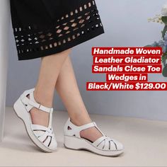 Handmade Woven Leather Gladiator Sandals Close Toe Wedges in Black/White

♥FEATURES:
·Made of quality leather
·Very soft soles and leather
·Stylish and comfortable style

♥More Details:
·Upper Material: Top Sheepskin.a great enjoyment of quality, softness, durability and nature.
·Sole material: Sheepskin and gum-rubber out sole-——skid resistance and wear resistant.

Color: Black/White
Material: Sheepskin
Lining: Genuine Leather
Insole: Sheepskin
Sole: Sheepskin and Rubber
Heels: 5 cm/1.97"
Fit: Medium to Wide, Runs Normal.

Size: Japan, we will convert based on the US size you choose.
Series Name: KEERY GO
Origin: Made in China White Sandals With Stitched Sole For Spring, White Flat Leather Sandals, White Leather Flat Sandals, Faux Leather Sandals With Round Toe And Leather Lining, White Sandals With Stitched Sole For Summer, White Leather Sandals With Flat Heel, White Leather Flat Heel Sandals, White Flat Heel Leather Sandals, White Leather Closed Toe Sandals