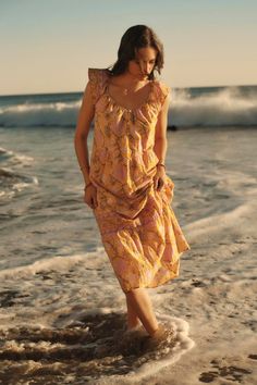 A woman wades through shallow ocean water at the beach Cotton Voile Dress, Voile Dress, Velvet Tees, Blue Midi Dress, Cotton Voile, The Deep, Button Placket, Day Dresses, Midi Length