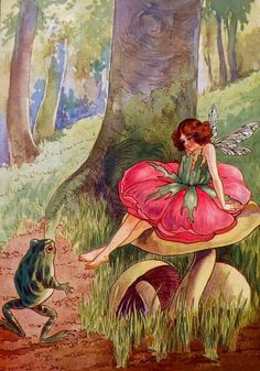 a fairy sitting on top of a mushroom next to a frog in the forest,