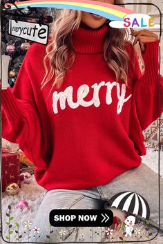 Red Merry Letter Embroidered High Neck Sweater Winter Sweater With Letter Embroidery, Red Letter Print Winter Outerwear, Oversized Winter Sweater With Letter Embroidery, Oversized Red Sweater With Letter Print, Red Letter Print Sweater For Fall, Holiday Embroidered Tops For Fall, Red Embroidered Holiday Tops, Oversized Winter Sweater With Embroidered Text, Fall Sweater With Embroidered Text