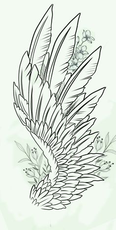 a black and white drawing of a bird with flowers on it's back end