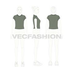 Women's Short Body Cap Sleeve T-shirt Army Green Color, Flat Sketches, Vector Sketch, T Shirt For Women, Fashion Flats, Cap Sleeve, Womens Flats, Army Green, Green Colors