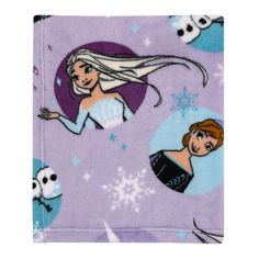 the frozen princess blanket is purple with white snowflakes and two cartoon characters on it