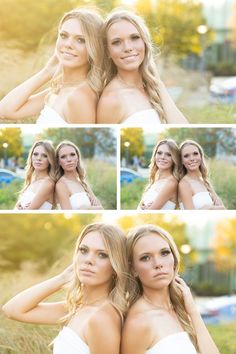 two beautiful young women posing for the camera in front of some trees and grass with their arms around each other