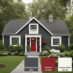 a gray house with white trim and red door