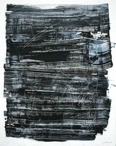 an abstract black and white painting with lines on it's side, in the middle of