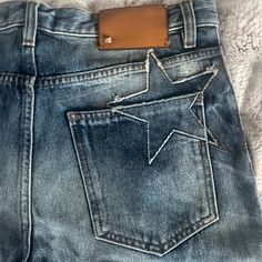 Size: 32 X 32 100% Cotton Made In Italy Designer Wide Leg Denim Jeans, Designer Dark Wash Denim Bottoms, Designer Denim Straight Leg Pants, Designer Straight Leg Denim Pants, Designer Denim Bottoms With Pockets, Designer Denim Jeans With Pockets, Designer Blue Denim Bottoms, Valentino Jeans, Valentino Rockstud