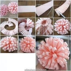 the instructions for how to make an easy flower hair clip in pink and white colors