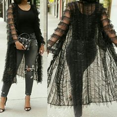 Pleated Sheer Mesh Longline 100% Polyester Chic Fall Cardigan For Party, Chic Fall Party Cardigan, Non-stretch Black Outerwear For Winter, Casual Black Non-stretch Outerwear, Chic Summer Outerwear For Night Out, Black Fitted Cardigan For Spring, Non-stretch Black Outerwear For Spring, Elegant Black Summer Outerwear, Black Long Cardigan For Summer