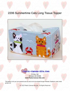 a cross stitch tissue box with cats and kittens on the front, along with hearts