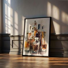 an oil painting of bottles and glasses on the floor in front of a wall with sunlight coming through it