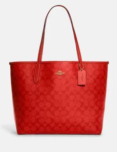 Signature coated canvas and smooth leatherInside zip pocketSnap closureHandles with 10" drop13" (L) x 11 1/2" (H) x 6 1/4" (W)Style No. CA157Color: Miami Red Luxury Coach Canvas Bag, Coach City Tote, Handbag Essentials, Coach Tote, Tiffany Jewelry, Handbag Heaven, Mom Day, Signature Canvas, Coach Purse