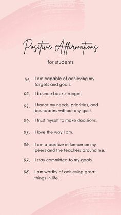 a pink background with the words positive affirmants for students