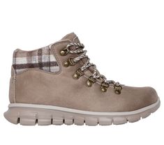 Follow those paths in cozy comfort wearing Skechers Synergy - Plaid Mood. This 3M Scotchgard treated hiker-style sneaker boot features a distressed vegan leather upper with a padded 'plaid blanket' collar and a cushioned Warm Tech Memory Foam insole. | Skechers Women's Synergy - Plaid Mood Boots | Medium Width | Treated with 3M Scotchgard to resist water and stains | Warm Tech Memory Foam cushioned comfort insole is designed to retain body heat | Crafted with 100% vegan materials | Vegan leather Lace-up Boots For Outdoor Fall Activities, Fall Lace-up Hiking Boots For Walking, Fall Waterproof Walking Boots With Cushioned Footbed, Comfortable Boots With Cushioned Footbed For Outdoor, Round Toe Walking Shoes For Outdoor Fall Activities, Comfortable High-top Walking Boots, Comfortable Boots For Outdoor Activities In Fall, Comfortable Lace-up Walking Boots, Comfortable Winter Sneakers For Outdoor Activities