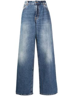 blue cotton denim mid-wash high waist belt loops concealed fly and button fastening classic five pockets wide leg long length High Rise Wide Leg Jeans, Versace Outfit, Yoko London, City Dress, Summer Beach Wear, Wide Leg Denim, Roberto Cavalli, Waist Belt, Long Length