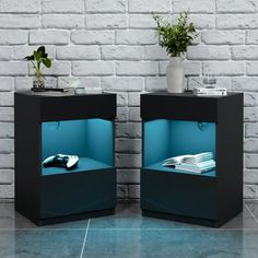 two black and blue side tables with plants on top, one is open to reveal a book