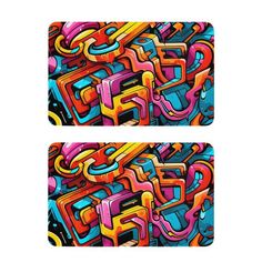 two colorful, abstractly designed coasters with the letters e and f on them