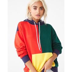 Red/Green/Yellow Not Been Worn Trendy Color Block Hoodie Sweatshirt, Trendy Color Block Hooded Hoodie, Multicolor Color Block Hoodie For Fall, Trendy Fall Color Block Hoodie, Yellow Color Block Sweatshirt For Fall, Casual Multicolor Hoodie With Color Matching, Multicolor Hooded Color Block Hoodie, Multicolor Color Block Hoodie, Multicolor Color Block Hooded Hoodie